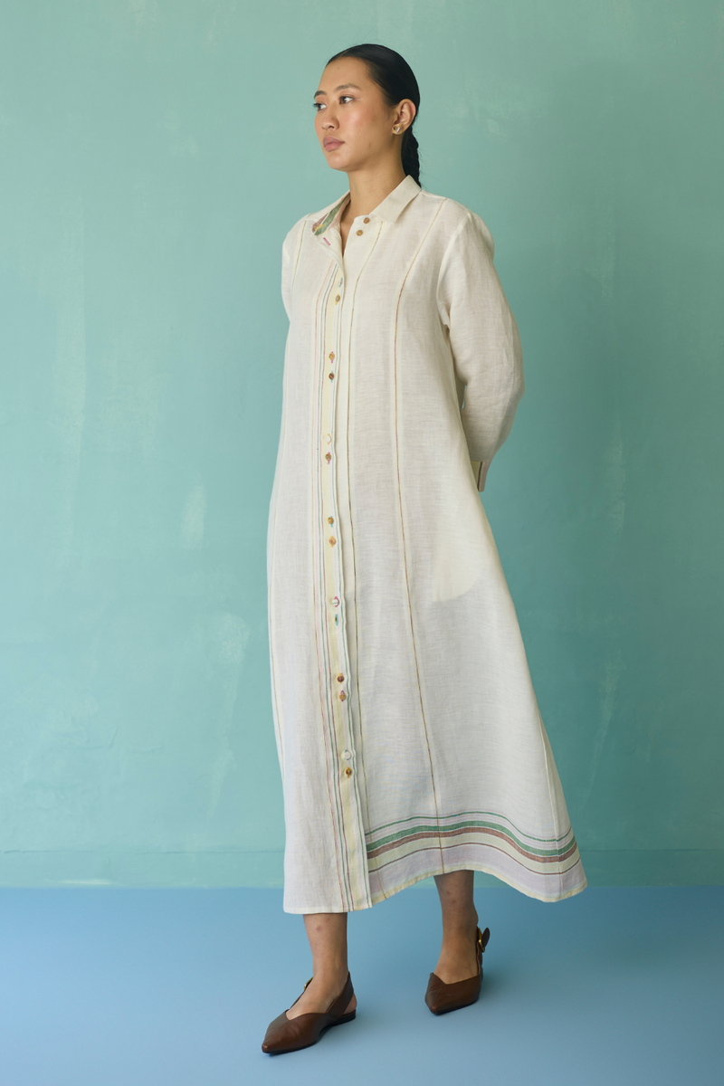 Manara Paneled Border Linen Shirt Dress - Ivory linen dress by Manan in ivory for women in Singapore