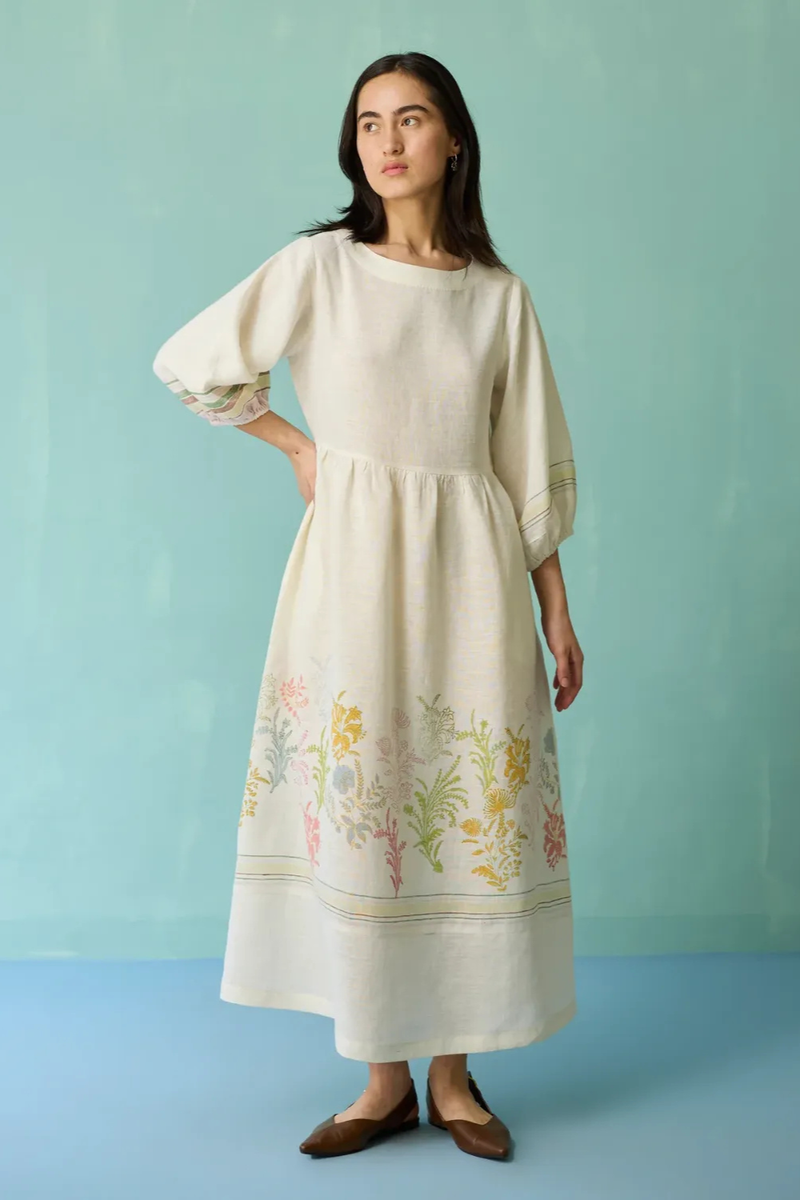 Ora Block-Printed Floral Linen Dress - Ivory linen dress by Manan in ivory for women in Singapore