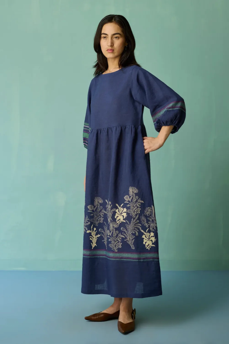 Ora Block-Printed Floral Linen Dress - Indigo linen dress by Manan in navy for women in Singapore