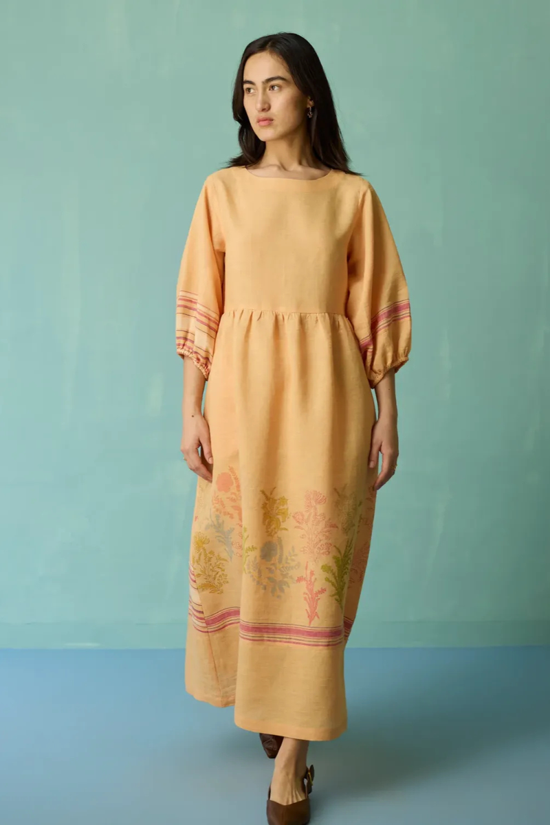 Ora Block-Printed Floral Linen Dress - Apricot linen dress by Manan in apricot for women in Singapore