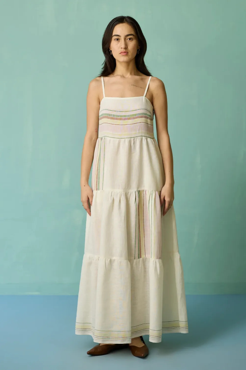 Pera Border Linen Tiered Dress - Ivory linen dress by Manan in ivory for women in Singapore