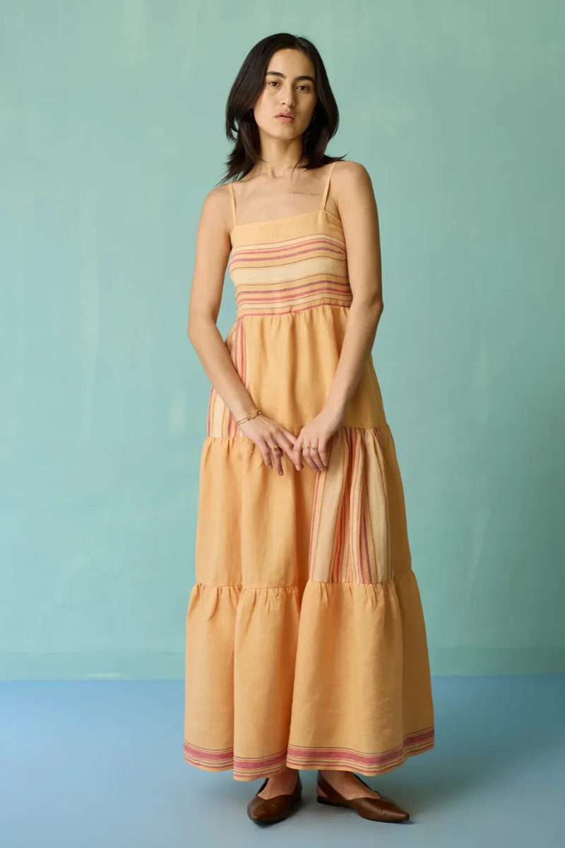 Pera Border Linen Tiered Dress - Apricot linen dress by Manan in apricot for women in Singapore