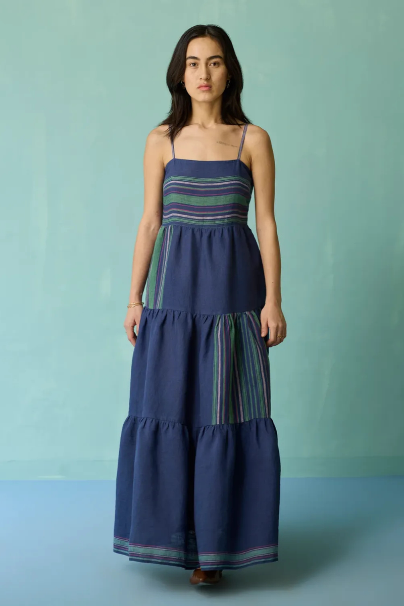 Pera Border Linen Tiered Dress - Indigo linen dress by Manan in navy for women in Singapore