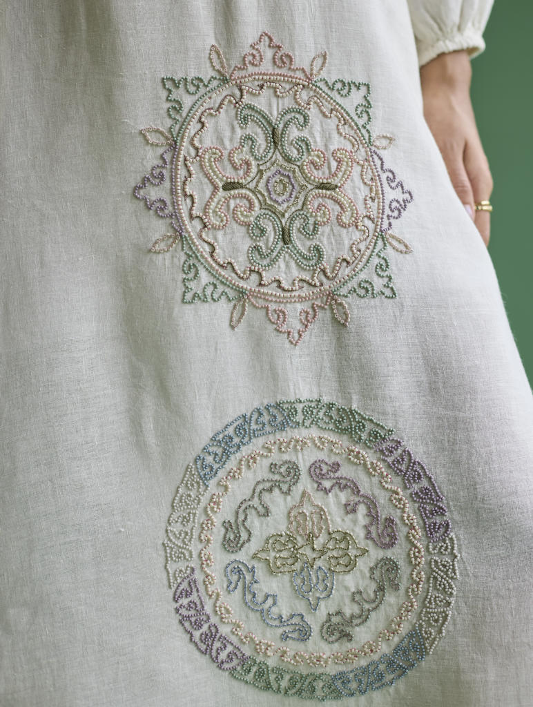 Eira Hand-Embroidered Linen Dress - Ivory linen by Manan in ivory color for women in Singapore
