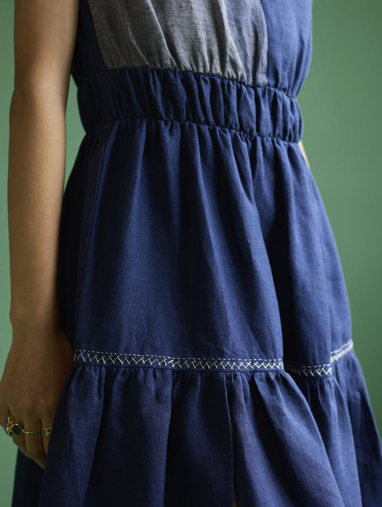 Aria Metallic Linen Dress - Navy linen by Manan in navy color for women in Singapore