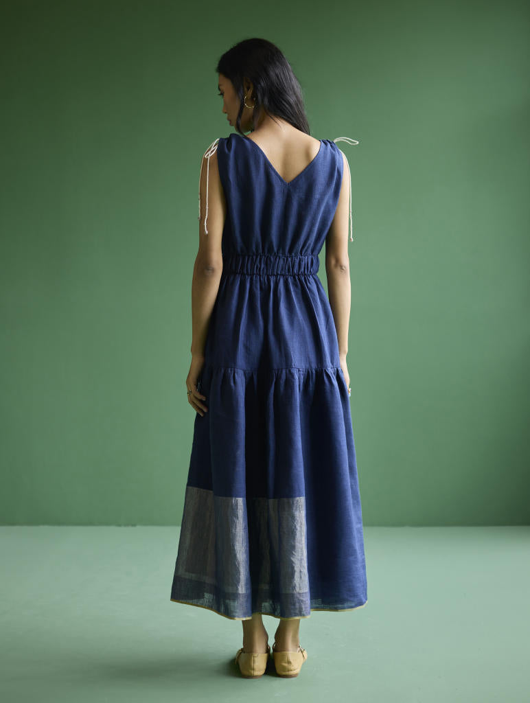 Aria Metallic Linen Dress - Navy linen by Manan in navy color for women in Singapore