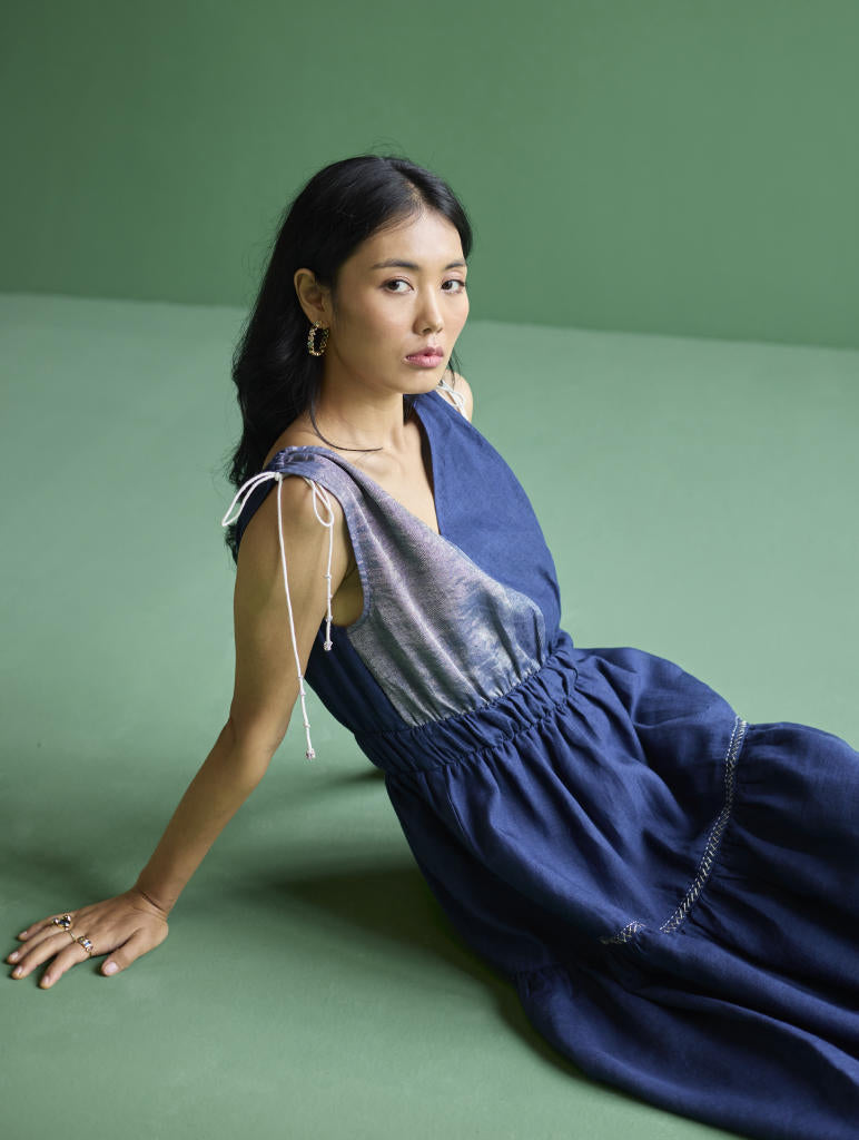 Aria Metallic Linen Dress - Navy linen by Manan in navy color for women in Singapore