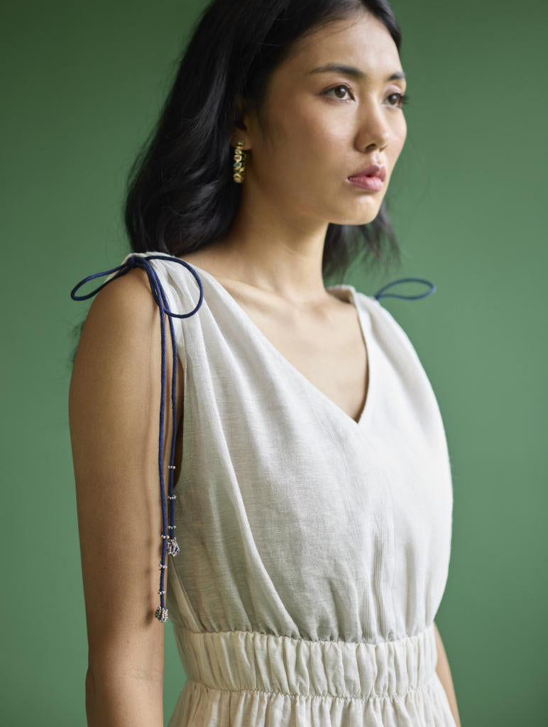 Aria Metallic Linen Dress - Ivory linen by Manan in ivory color for women in Singapore