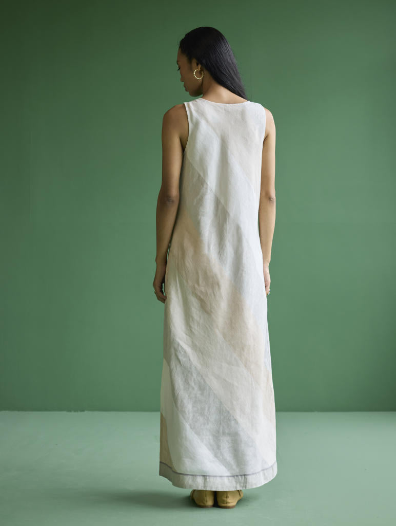 Akito Bias Linen Stripe Dress - Ivory linen by Manan in ivory color for women in Singapore