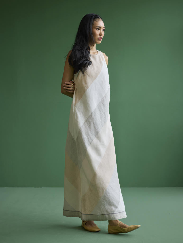 Akito Bias Linen Stripe Dress - Ivory linen by Manan in ivory color for women in Singapore