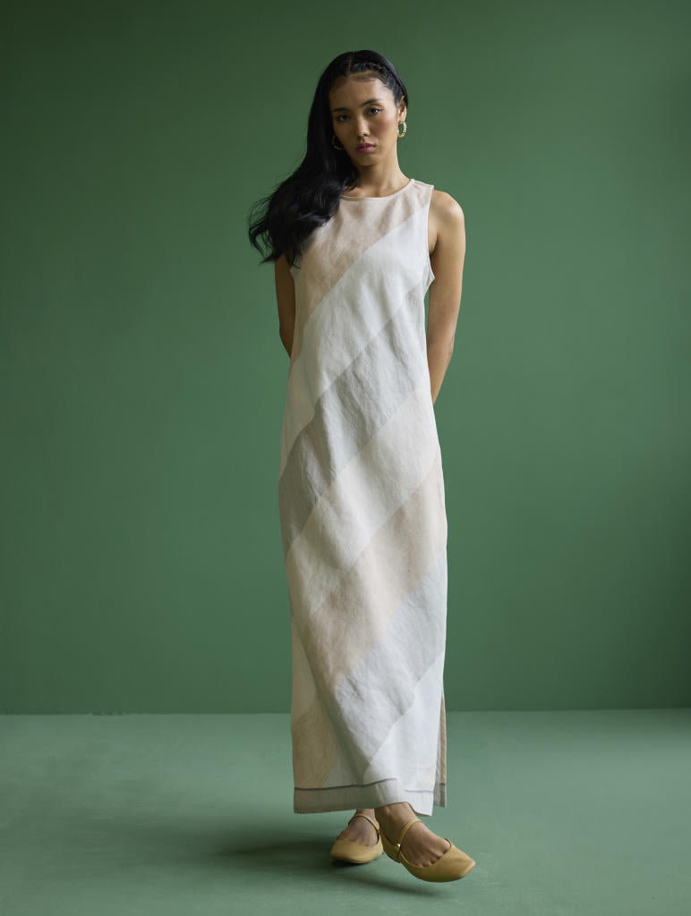 Akito Bias Linen Stripe Dress - Ivory linen by Manan in ivory color for women in Singapore