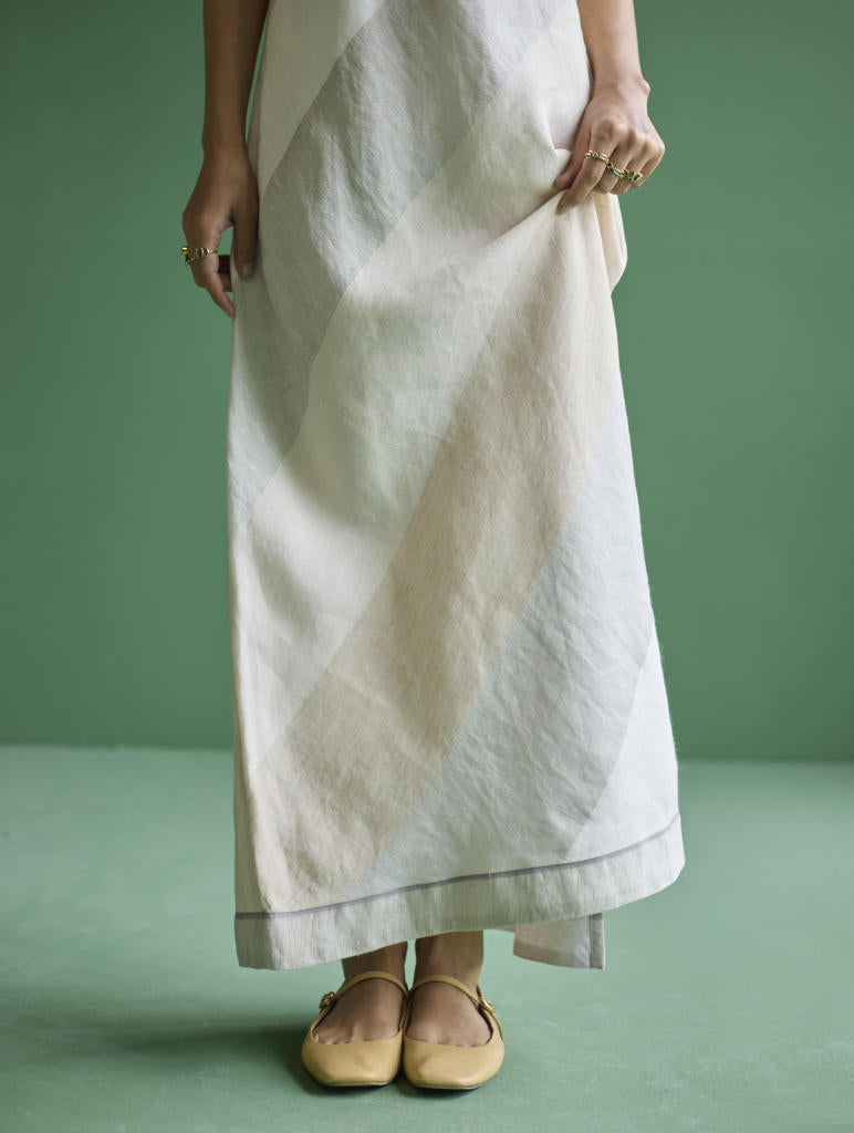 Akito Bias Linen Stripe Dress - Ivory linen by Manan in ivory color for women in Singapore