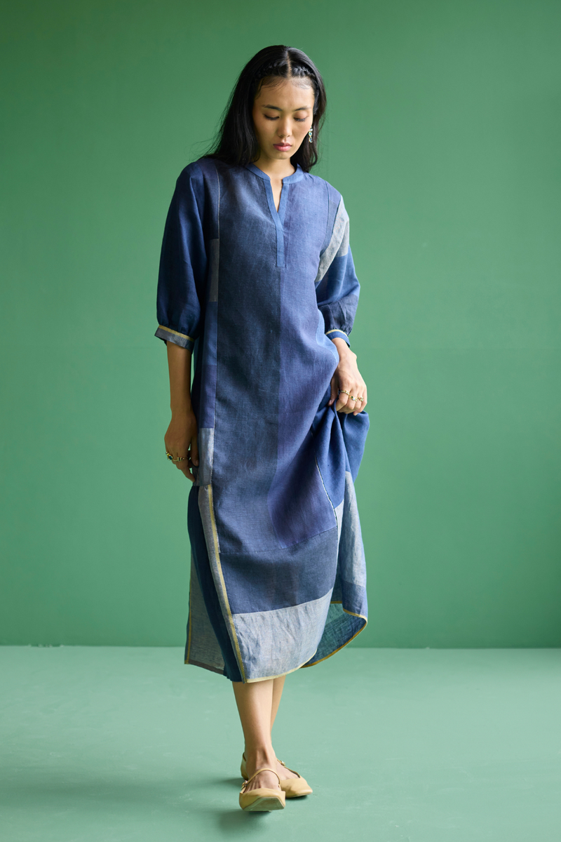 Nura Metallic Linen Paneled Dress - Navy linen by Manan in navy color for women in Singapore