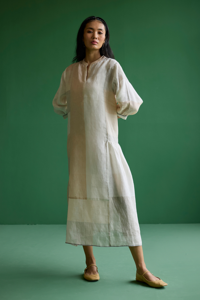 Nura Metallic Linen Paneled Dress - Ivory linen by Manan in ivory color for women in Singapore