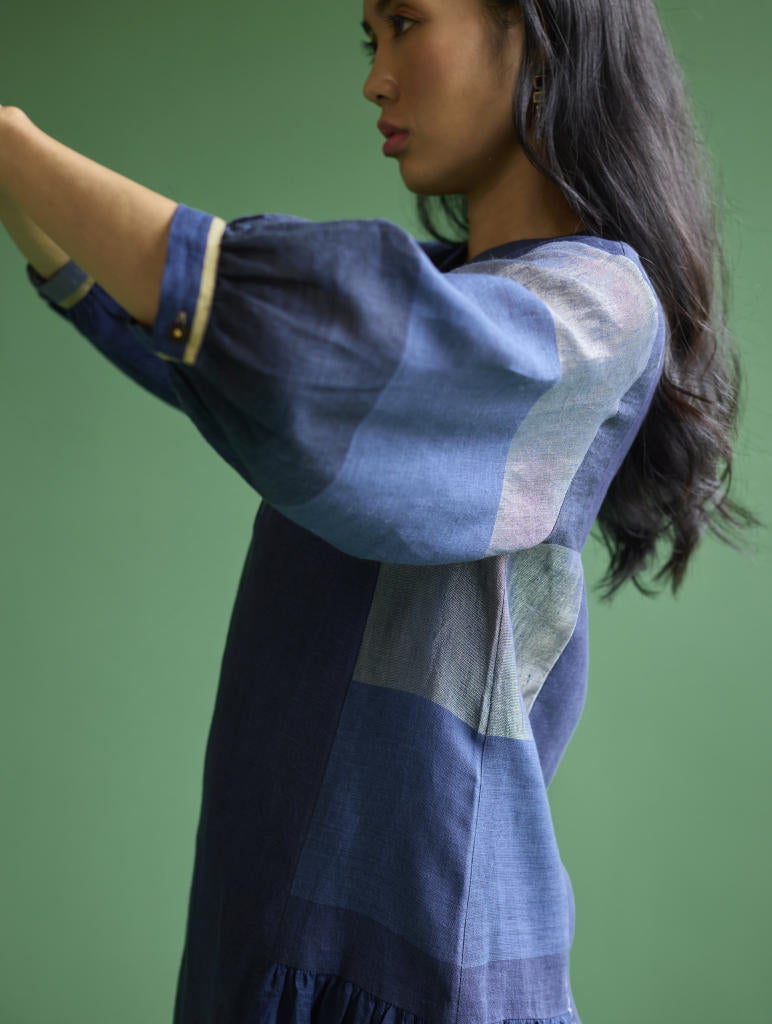 Nura Metallic Linen Paneled Dress - Navy linen by Manan in navy color for women in Singapore