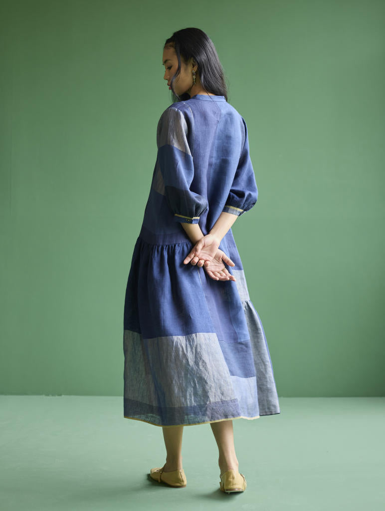 Nura Metallic Linen Paneled Dress - Navy linen by Manan in navy color for women in Singapore