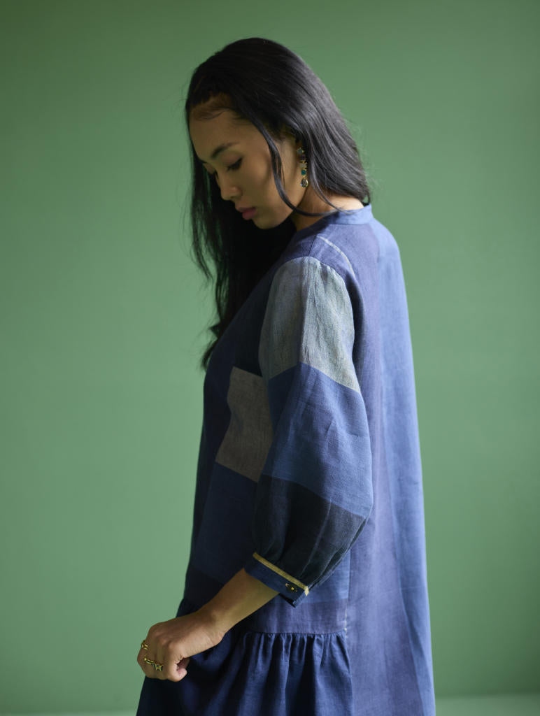 Nura Metallic Linen Paneled Dress - Navy linen by Manan in navy color for women in Singapore