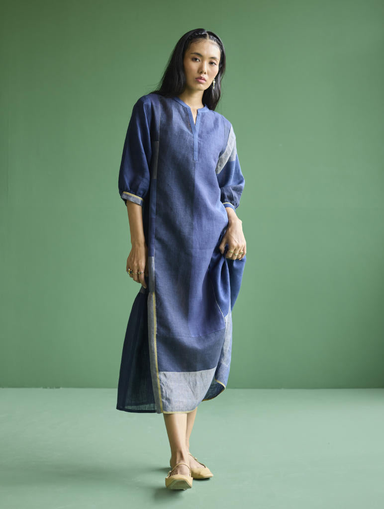 Nura Metallic Linen Paneled Dress - Navy linen by Manan in navy color for women in Singapore