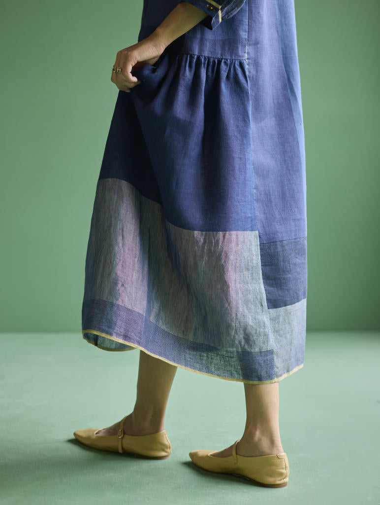 Nura Metallic Linen Paneled Dress - Navy linen by Manan in navy color for women in Singapore