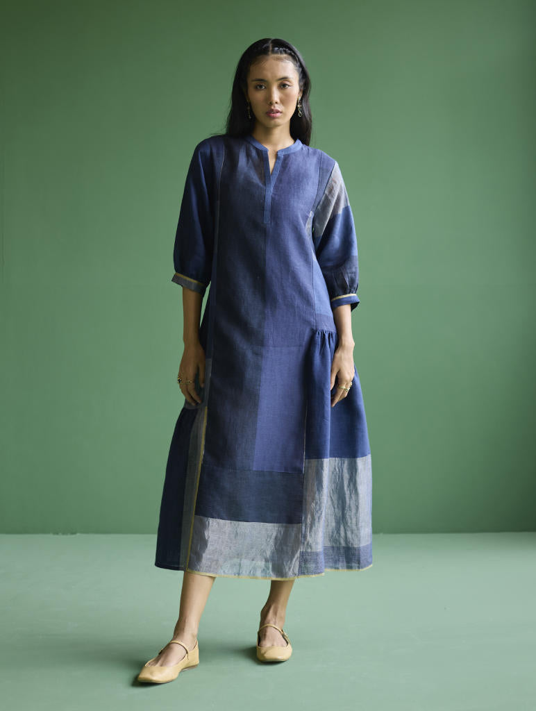 Nura Metallic Linen Paneled Dress - Navy linen by Manan in navy color for women in Singapore