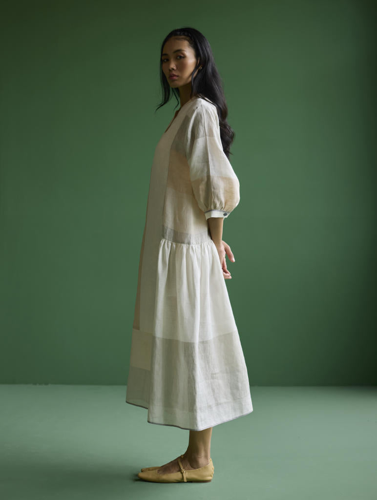 Nura Metallic Linen Paneled Dress - Ivory linen by Manan in ivory color for women in Singapore