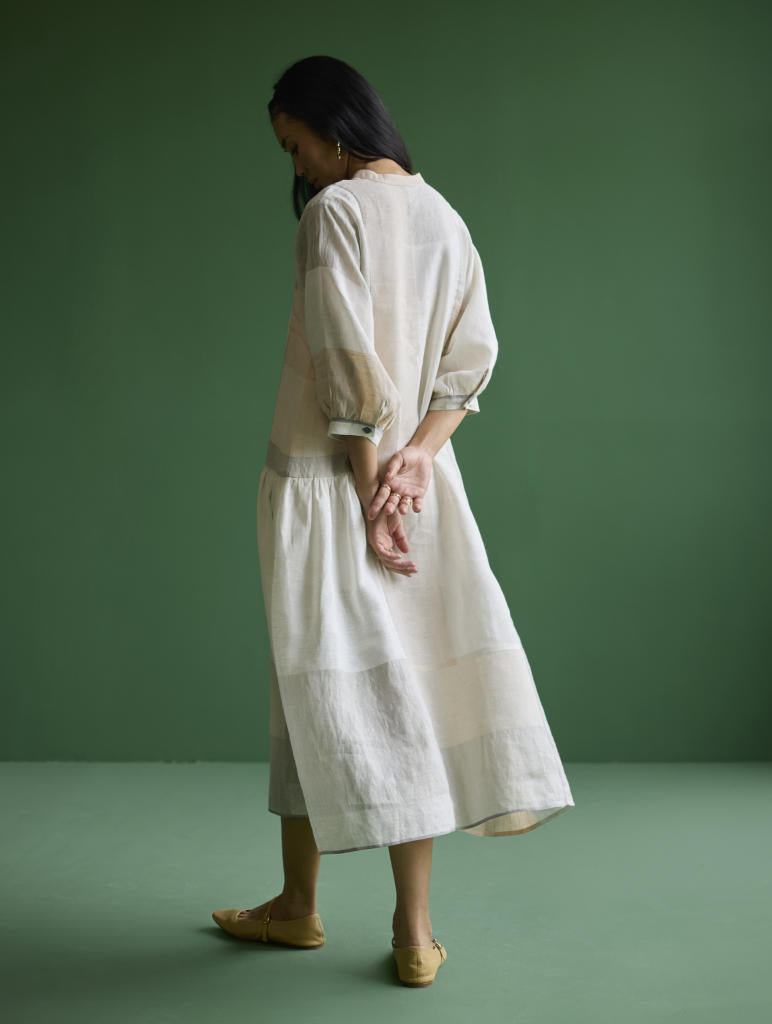 Nura Metallic Linen Paneled Dress - Ivory linen by Manan in ivory color for women in Singapore