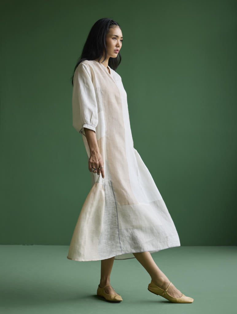 Nura Metallic Linen Paneled Dress - Ivory linen by Manan in ivory color for women in Singapore