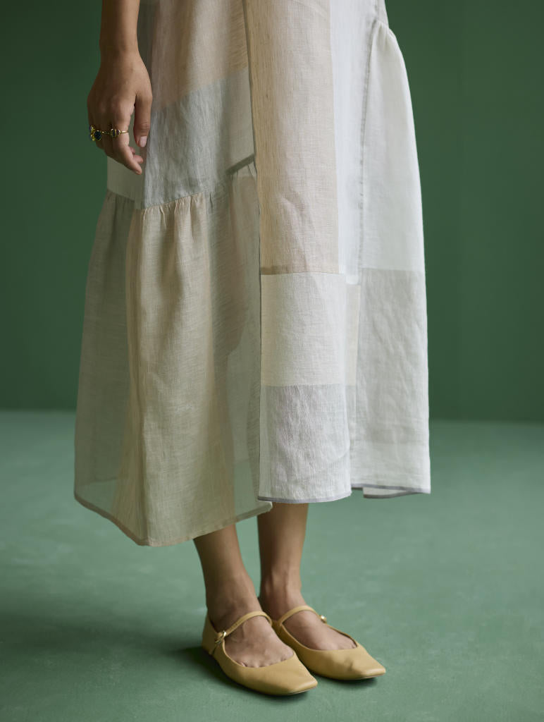Nura Metallic Linen Paneled Dress - Ivory linen by Manan in ivory color for women in Singapore