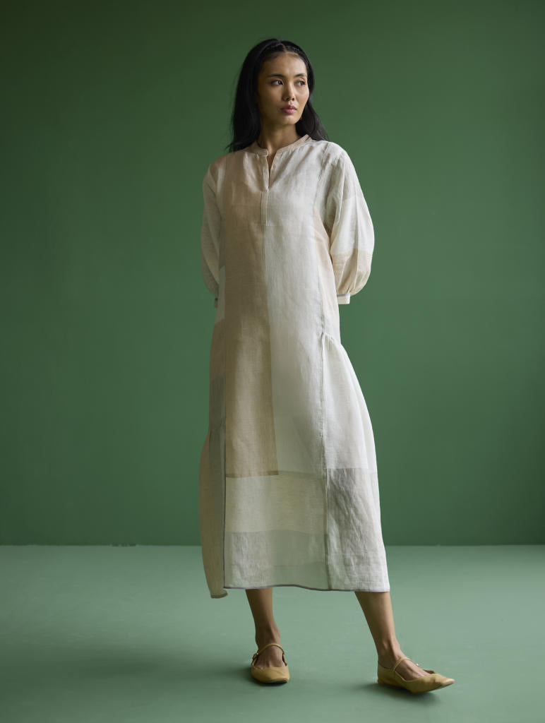 Nura Metallic Linen Paneled Dress - Ivory linen by Manan in ivory color for women in Singapore