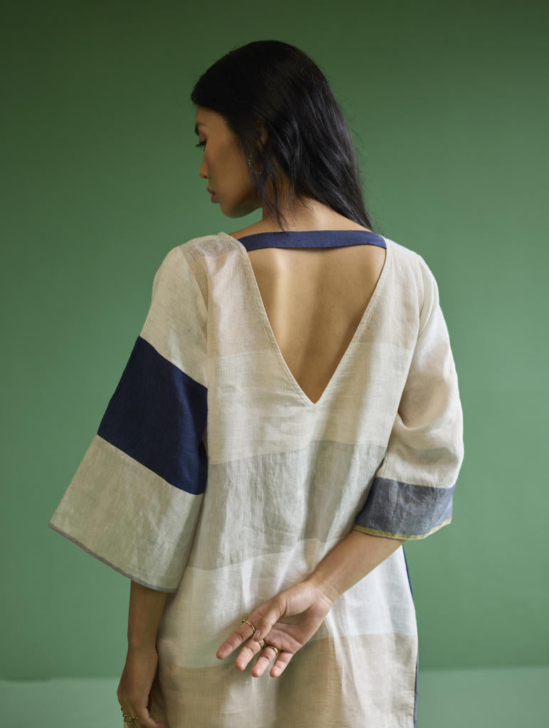 Lina Color-Blocked Linen Dress -
 Ivory linen by Manan in ivory color for women in Singapore