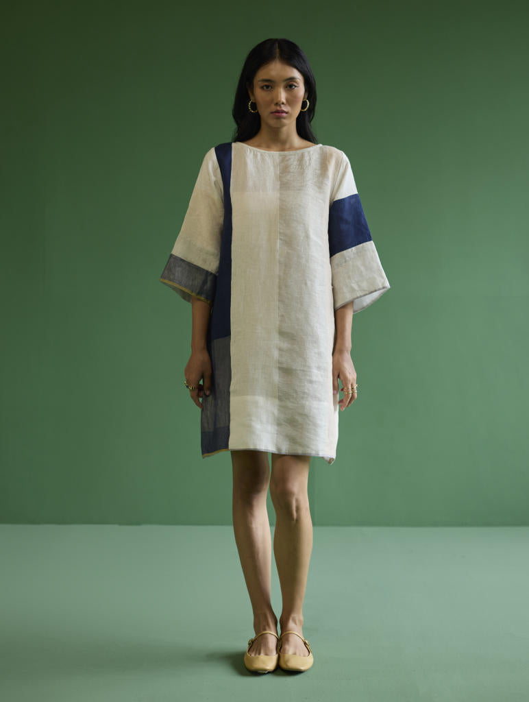 Lina Color-Blocked Linen Dress -
 Ivory linen by Manan in ivory color for women in Singapore