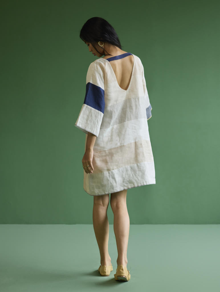 Lina Color-Blocked Linen Dress -
 Ivory linen by Manan in ivory color for women in Singapore