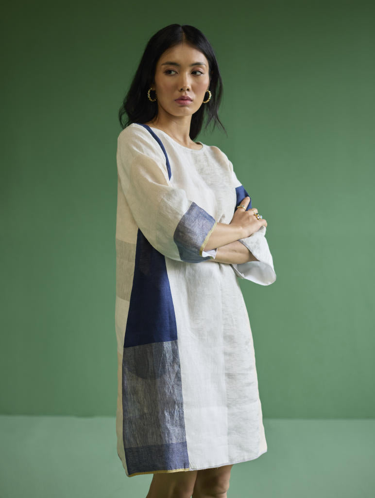 Lina Color-Blocked Linen Dress -
 Ivory linen by Manan in ivory color for women in Singapore