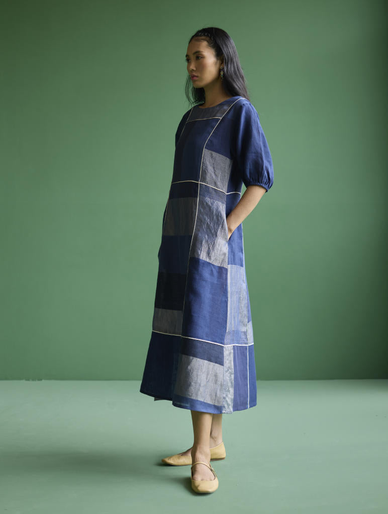Sehr Metallic Linen Piping Dress - Navy linen by Manan in navy color for women in Singapore