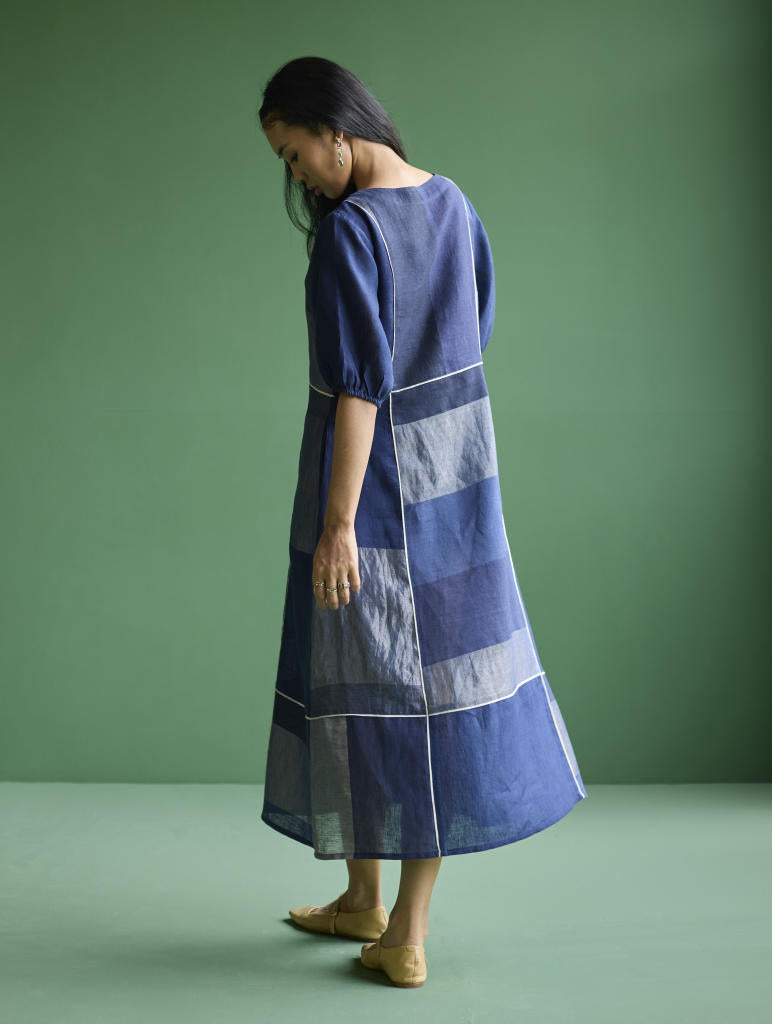 Sehr Metallic Linen Piping Dress - Navy linen by Manan in navy color for women in Singapore