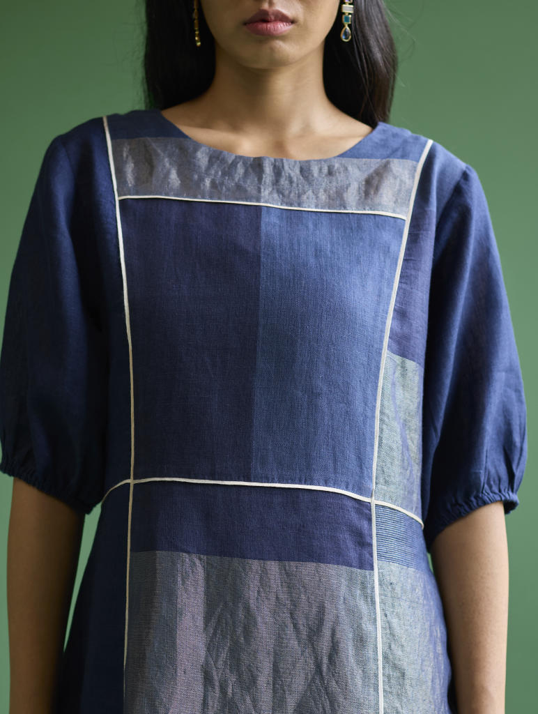 Sehr Metallic Linen Piping Dress - Navy linen by Manan in navy color for women in Singapore