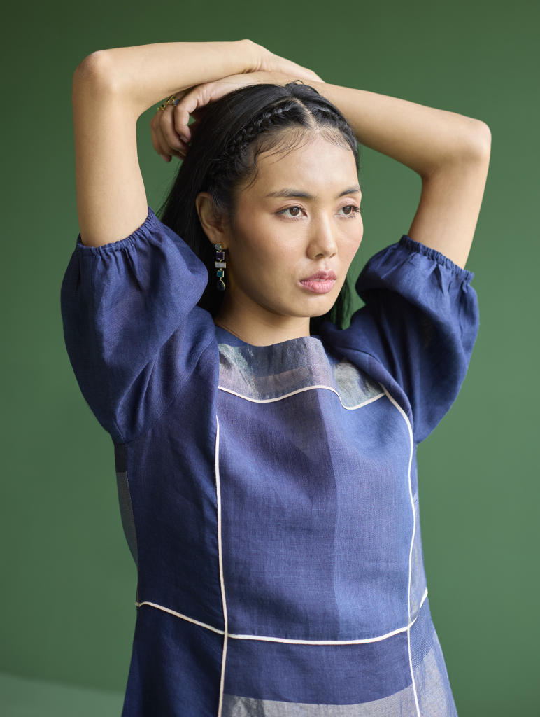 Sehr Metallic Linen Piping Dress - Navy linen by Manan in navy color for women in Singapore