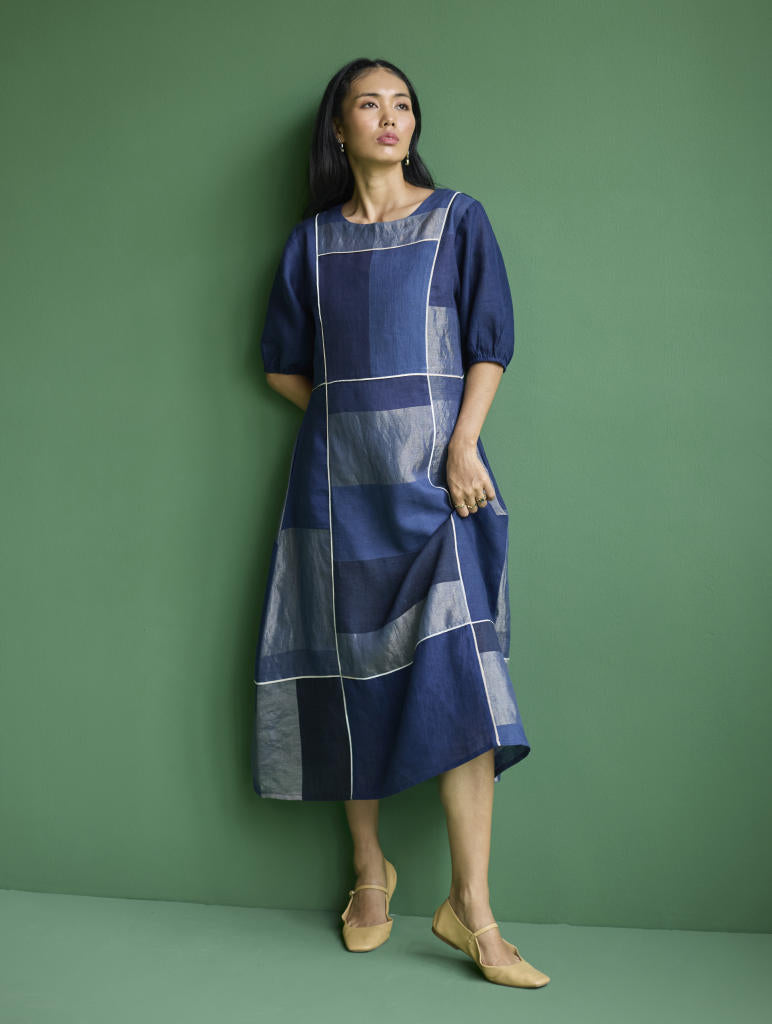 Sehr Metallic Linen Piping Dress - Navy linen by Manan in navy color for women in Singapore