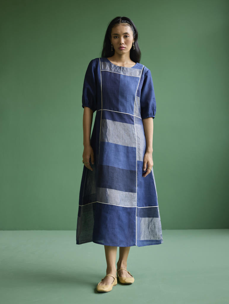 Sehr Metallic Linen Piping Dress - Navy linen by Manan in navy color for women in Singapore