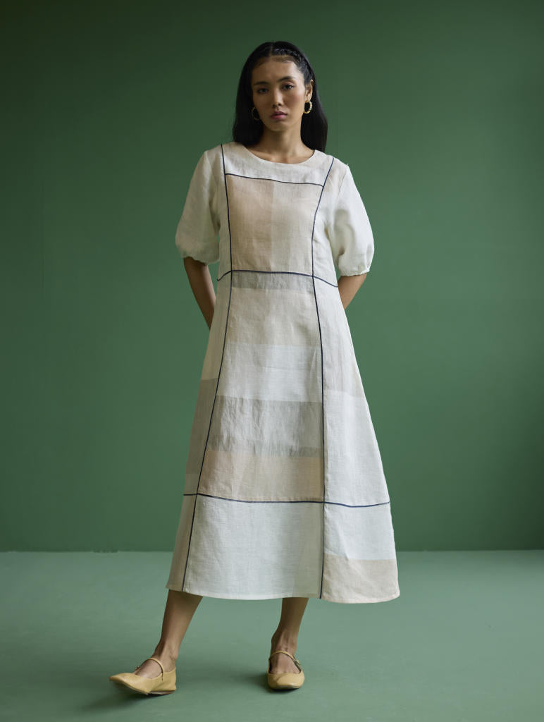 Sehr Metallic Linen Piping Dress - Ivory linen by Manan in ivory color for women in Singapore