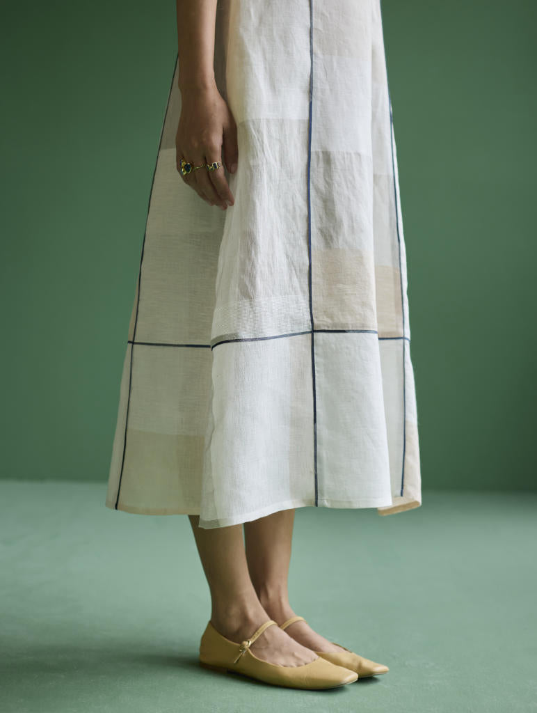 Sehr Metallic Linen Piping Dress - Ivory linen by Manan in ivory color for women in Singapore