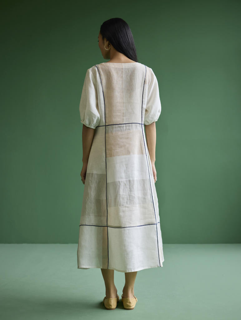 Sehr Metallic Linen Piping Dress - Ivory linen by Manan in ivory color for women in Singapore