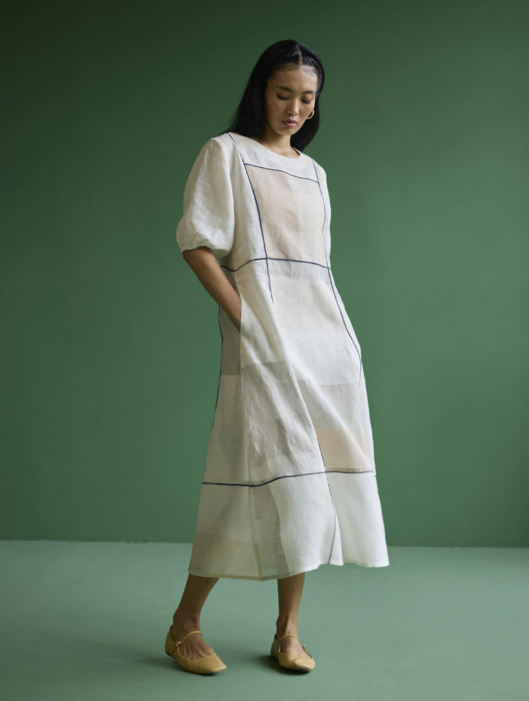 Sehr Metallic Linen Piping Dress - Ivory linen by Manan in ivory color for women in Singapore