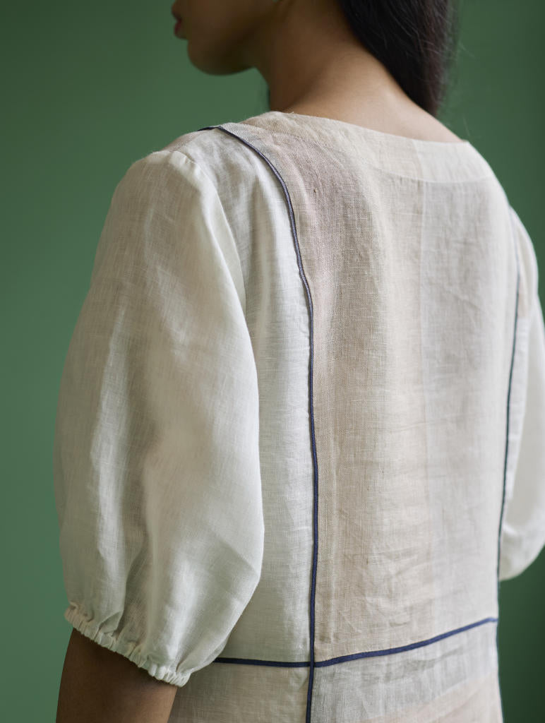Sehr Metallic Linen Piping Dress - Ivory linen by Manan in ivory color for women in Singapore