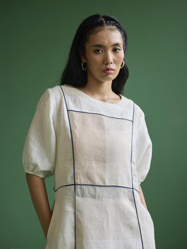 Sehr Metallic Linen Piping Dress - Ivory linen by Manan in ivory color for women in Singapore