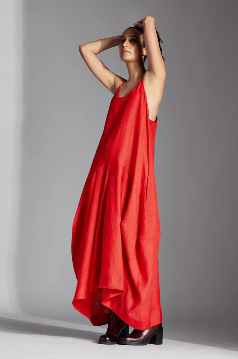 Sela Dress in Linen-Red linen by Chola in red color for women in Singapore