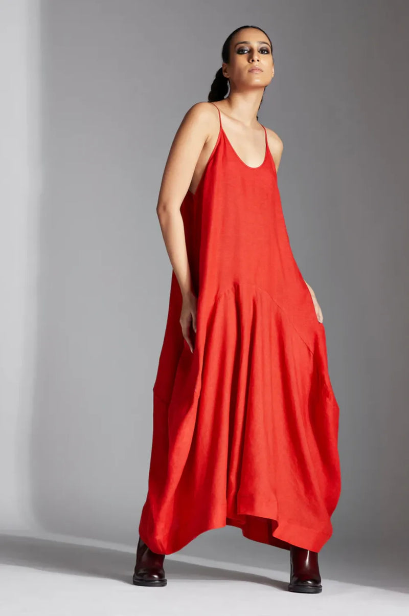 Sela Dress in Linen-Red linen by Chola in red color for women in Singapore