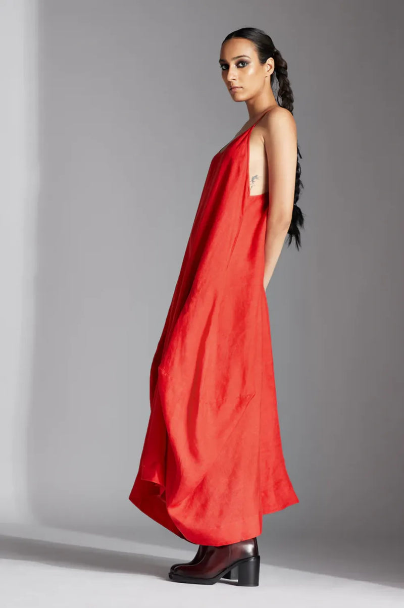 Sela Dress in Linen-Red linen by Chola in red color for women in Singapore