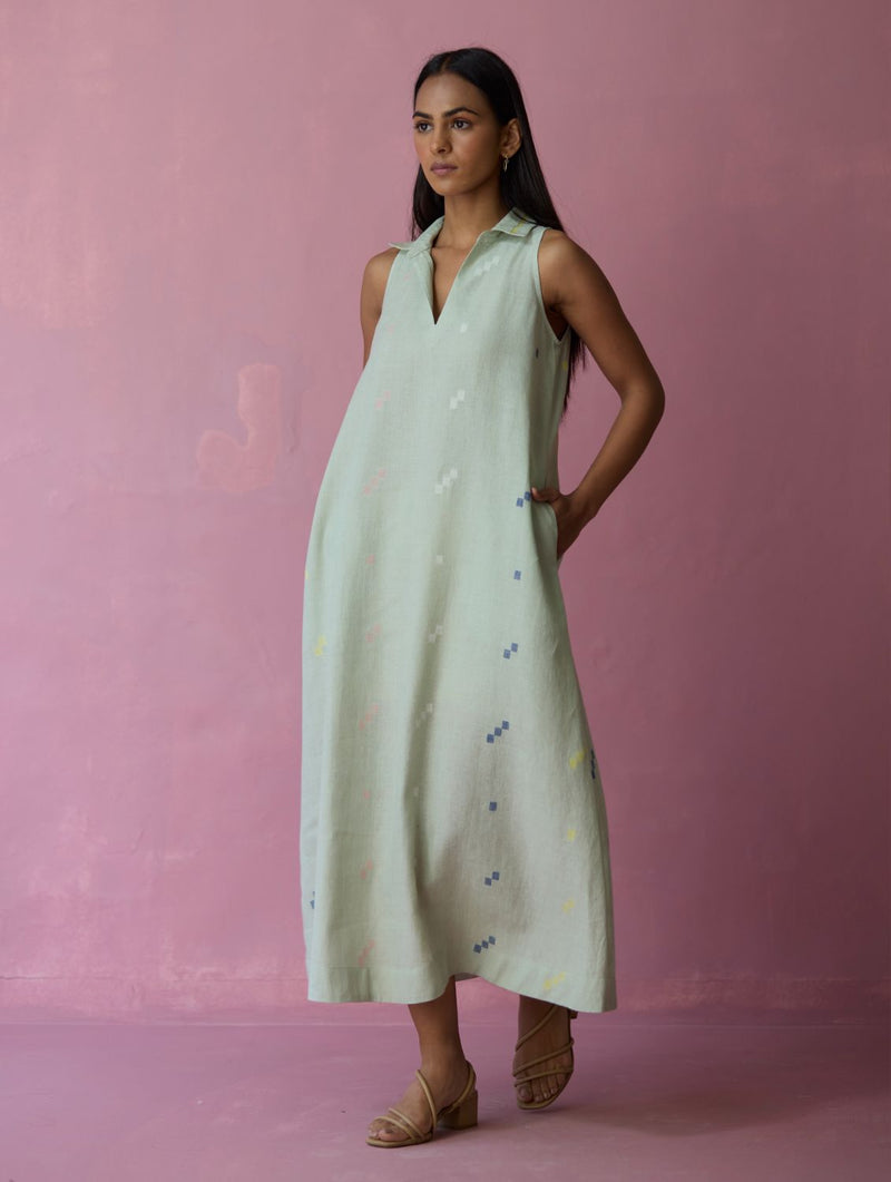 Cara Collared Jamdani Linen Dress - Aqua