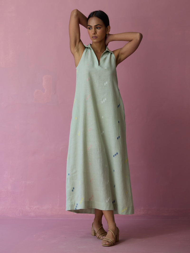 Cara Collared Jamdani Linen Dress - Aqua